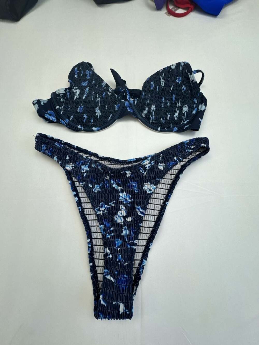 SHEIN Blue Floral Smocked Underwire Bikini Set